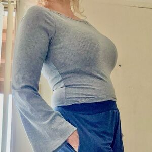 Urban Renewal Off-Shoulder Ribbed Long Sleeve Top - Gray